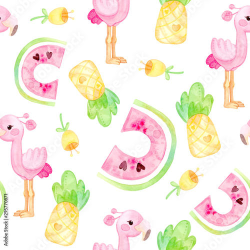 Hand painted watercolor. Cute cartoon illustration. Warm tropics seamless pattern. Flamingo, pineapple, watermelon, leaves, flowers. Isolated on white background