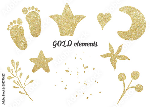 Golden elements, baby footprint, crown, moon, branch, star, flower