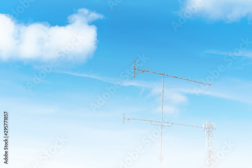 Blue skies sky, clean weather, time lapse blue nice sky. Clouds and sky timelapse, White Clouds & Blue Sky,with older analog television towers and radar transmitting towers.