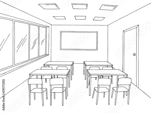 Classroom graphic black white school interior sketch illustration vector