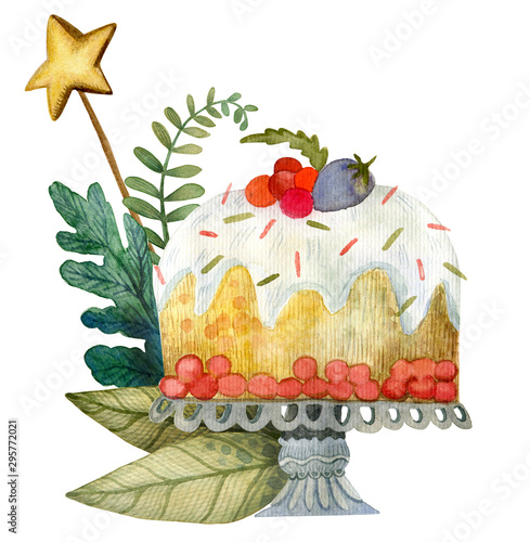 Watercolor christmas card with christmas cupcake.