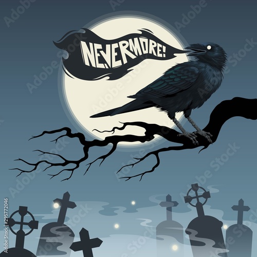 Raven on a tree in front of the moon