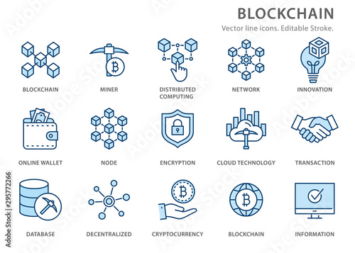 Blockchain flat line icon set. Vector illustration. Editable stroke.