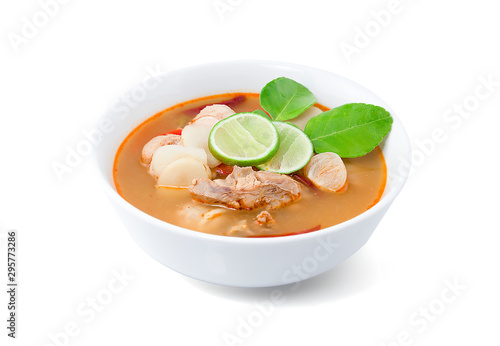 Chicken Tom Yum Spicy, Hot and sour soup, Chicken soup isolated on white background with clipping path, Thailand food.