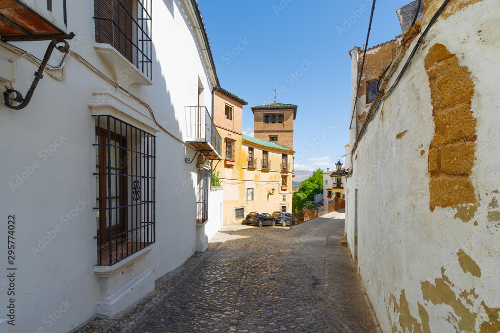 Fototapeta premium A small narrow street with white houses and abundant greenery in the old European city