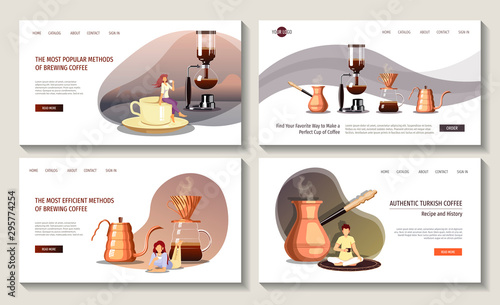 Set of web page design templates for coffee, cafe bar, coffee shop and coffee makers. Pour-over, Turkish coffee, Syphon, Gooseneck kettle. Vector illustration for poster, banner and website.
