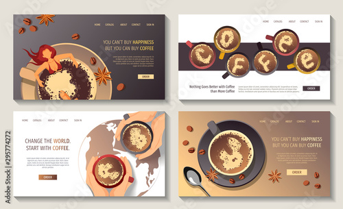 Set of Web page design templates for coffee lovers, cafe bar, coffee shop and e-commerce. Vector illustration for poster, banner and website development.