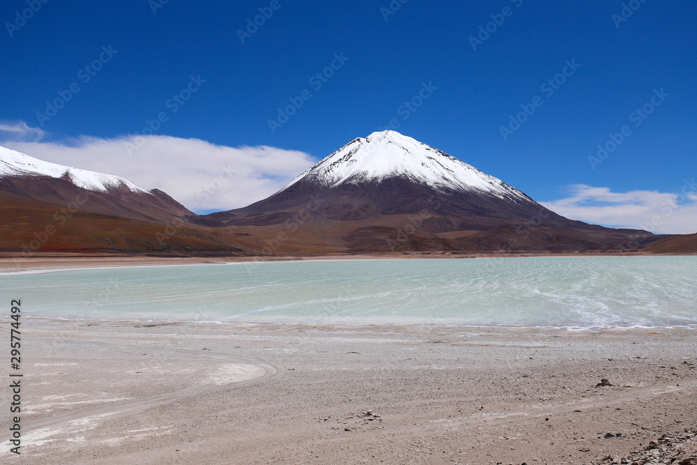The Laguna Verde and the snow-covered Licancabur volcano, Bolivia. Desert landscape of the Andean highlands of Bolivia