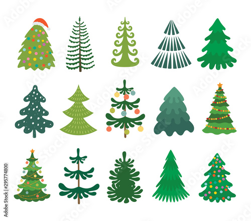 Christmas tree set. Decorated xmas trees. Winter holidays party green fir with garland decoration. Isolated vector illustration.