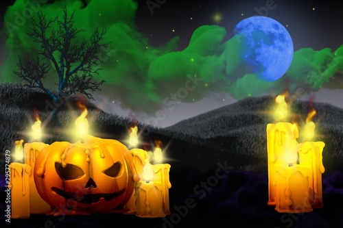 Halloween colorful cute dark night mockup - background design template 3D illustration with pumpkin candle on left side and many candles on the right, jack-o-lantern concept