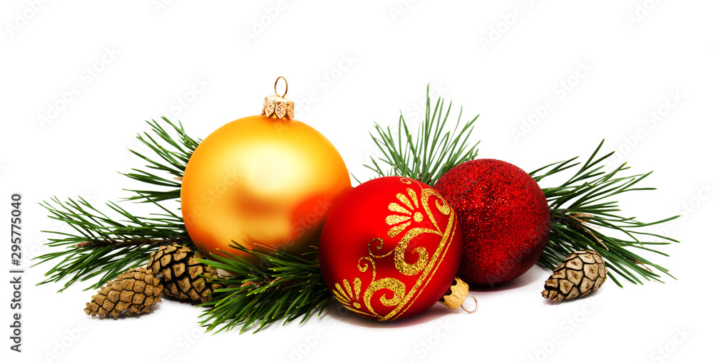 Christmas decoration golden yellow and red balls with fir cones and fir tree branches isolated Christmas decoration golden yellow and red balls with fir cones and fir tree branches isolated