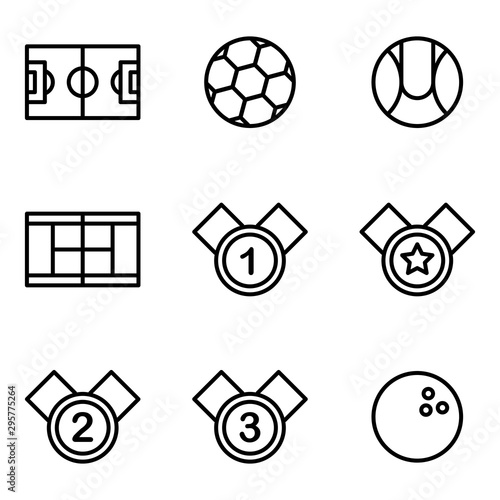 Sport icon set outline style including foodball, soccer, sport, field, ball, tennis, baseball, champion, medal, reward, bowling, equipmen photo