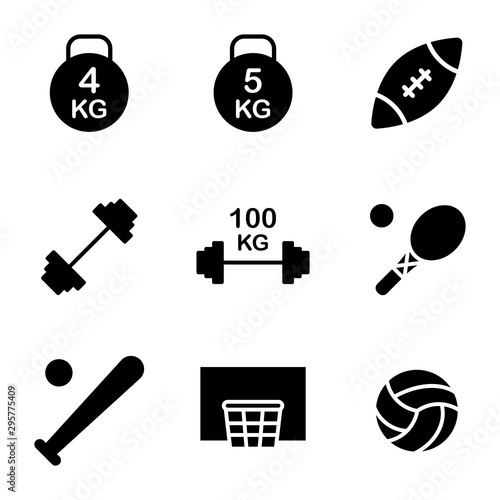 Sport icon set solid style including bodybuilding, fitness, gym, kettlebellfootball, game, rugby, sport, barbell, racket, tennis, baseball, bat, softball, basketball, hoop, net, ball, volleyball photo