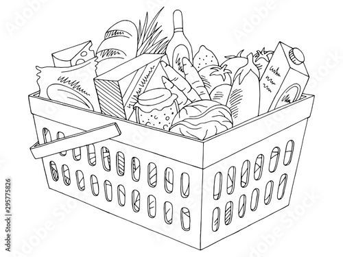 Grocery basket graphic isolated black white sketch illustration vector