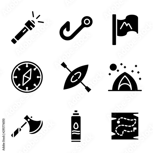Camping icon set glyph style including flashlight,light,camp,bright,fishing,fish,survive,flag,mountain,adventure,compass,west,direction,magnet,kayak,water,tent,axe,nature,bottle,fresh water,map