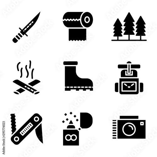 Camping icon set glyph style including knife,cam,survive,adventure,tissue,camp,trees,camping,fire,bonfire,shoes,boots,climbing,equipment,bag,swiss knife,flame,lighter,camera,documentation