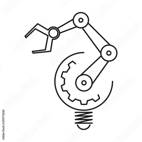 Robotic arm and light bulb icon. Automation and machine learning concept. Outline thin line illustration. Isolated on white background. 