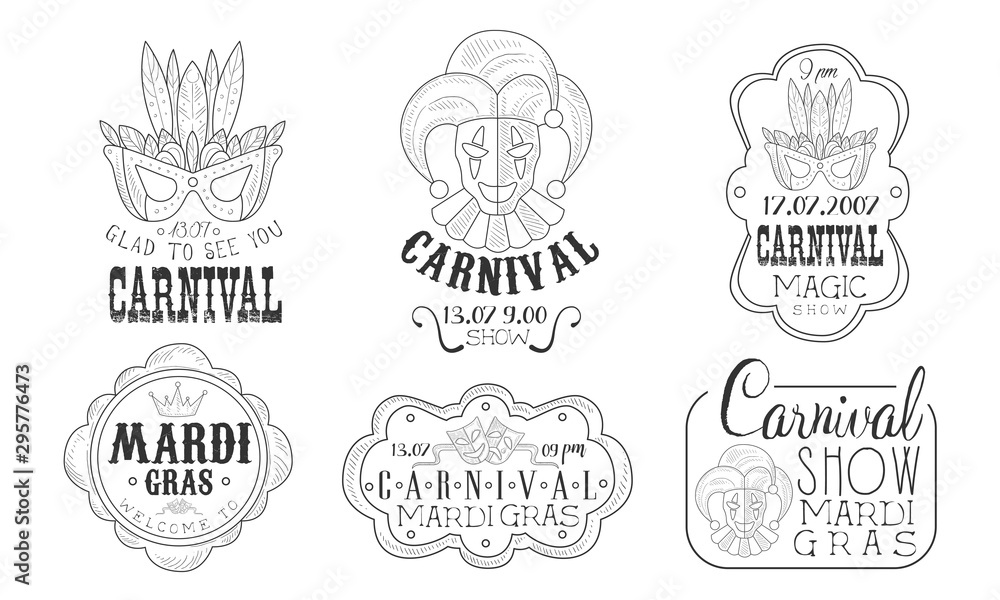 Carnival Mardi Gras Hand Drawn Retro Labels Set, Magic Show Monochrome Badges Vector Illustration Carnival Mardi Gras Hand Drawn Retro Labels Set, Magic Show Monochrome Badges Vector Illustration