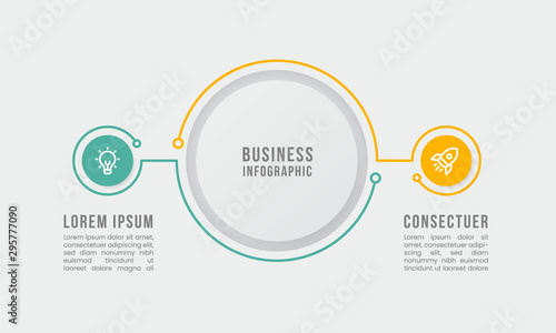 2 steps infographic circles shapes chart. green, yellow, grey color. vector template