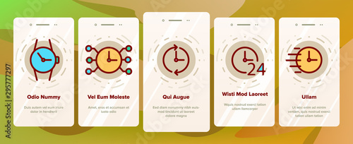 Different Time Clock Onboarding Mobile App Page Screen Vector Icons Set Thin Line. Hourglass And Watch, Alarm-clock And Electronic Digital Clock Concept Linear Pictograms. Contour Illustrations