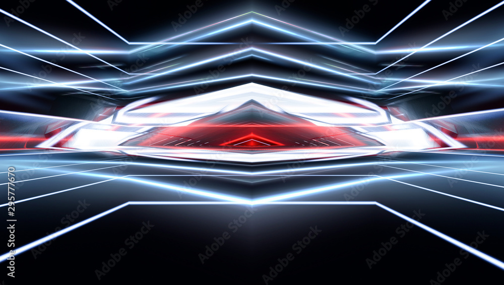 Abstraction light tunnel, corridor, rays, lines. Neon background. Neon light, reflection of light, lamps illuminated by floodlights. Blue end red background with m lines and rays.