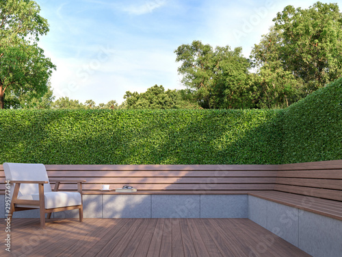Принти на полотні Wooden bench in the garden 3d render,  There is a wooden floor terrace,green bush fence,decorate with wood and white fabric furniture