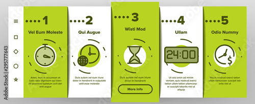 Different Time Clock Onboarding Mobile App Page Screen Vector Icons Set Thin Line. Hourglass And Watch, Alarm-clock And Electronic Digital Clock Concept Linear Pictograms. Contour Illustrations