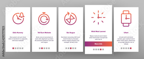 Different Time Clock Onboarding Mobile App Page Screen Vector Icons Set Thin Line. Hourglass And Watch, Alarm-clock And Electronic Digital Clock Concept Linear Pictograms. Contour Illustrations