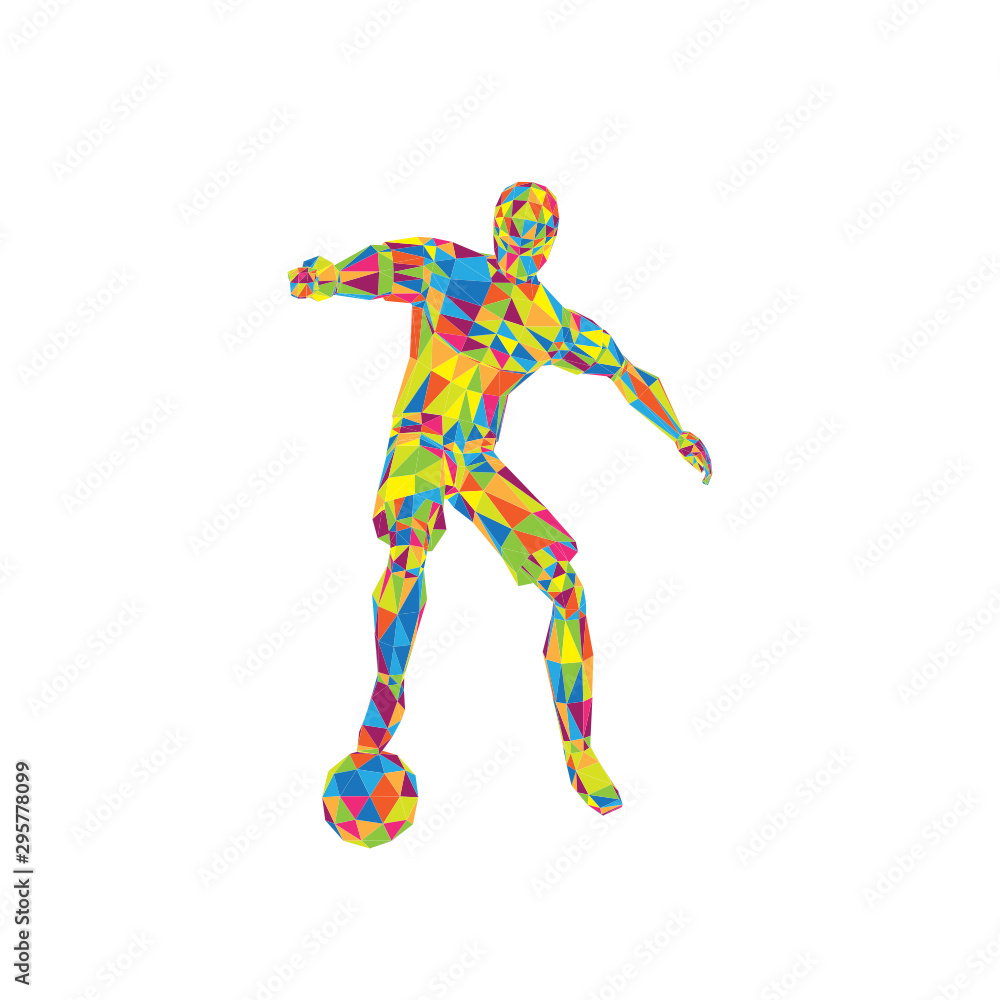 Soccer Football Player with ball, spin pose, low poly background vector Soccer Football Player with ball, spin pose, low poly background vector