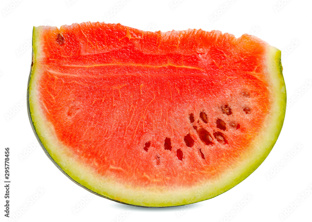 Isolated watermelon with cut watermelon slice with red flesh on white background Isolated watermelon with cut watermelon slice with red flesh on white background