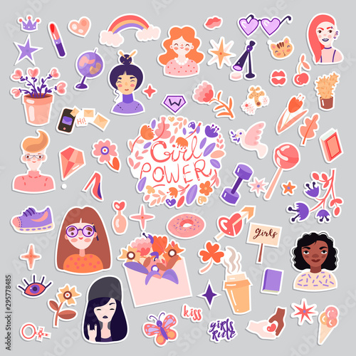 Feminist and cute girl power sticker illustration set. Girls portraits, flowers, stickers, sweets with floral decoration. Cute cartoon feministic girl power collection