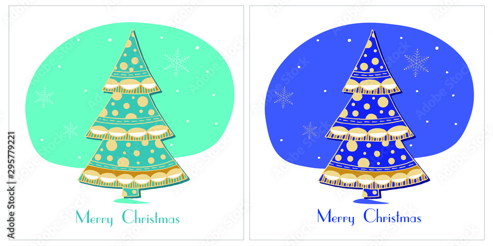 Naklejka premium Greeting card: Christmas tree with balls on turquoise and blue background. Vector