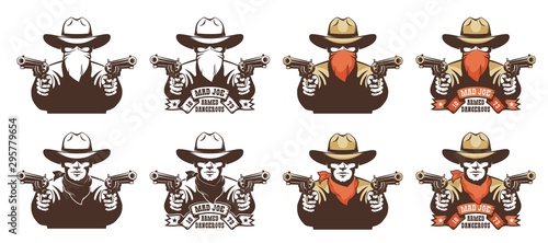 Cowboy bandit from the wild west with guns in his hands. Robber in a cowboy hat with pistols and bandana mask on his face. Isolated vector illustration. photo