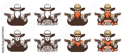 Cowboy bandit from the wild west with guns in his hands. Robber in a cowboy hat with pistols and bandana mask on his face. Isolated vector illustration.