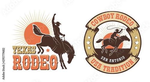 Rodeo retro logo with cowboy horse rider silhouette. Wild west vintage rodeo badge. Vector illustration.
