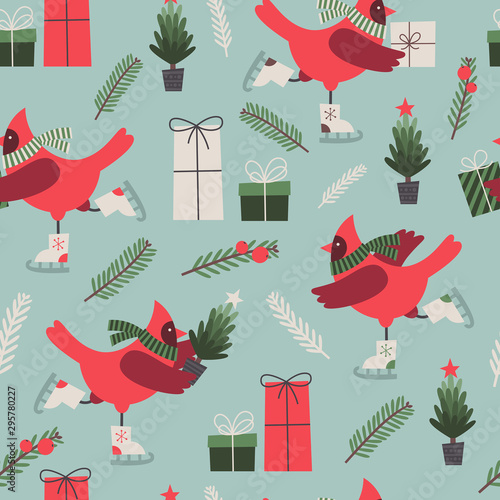 Vector seamless pattern with red Christmas cardinals on bright blue background. Birds are on the skates with Christmas tree and gift boxes. Holiday decoration. Christmas design.