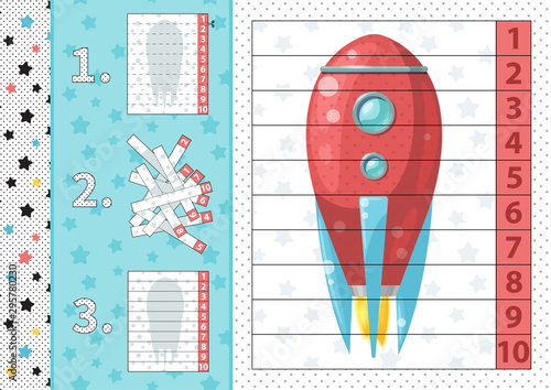 Counting number puzzle with cartoon rocket. From 1 to 10. Cut and assemble.