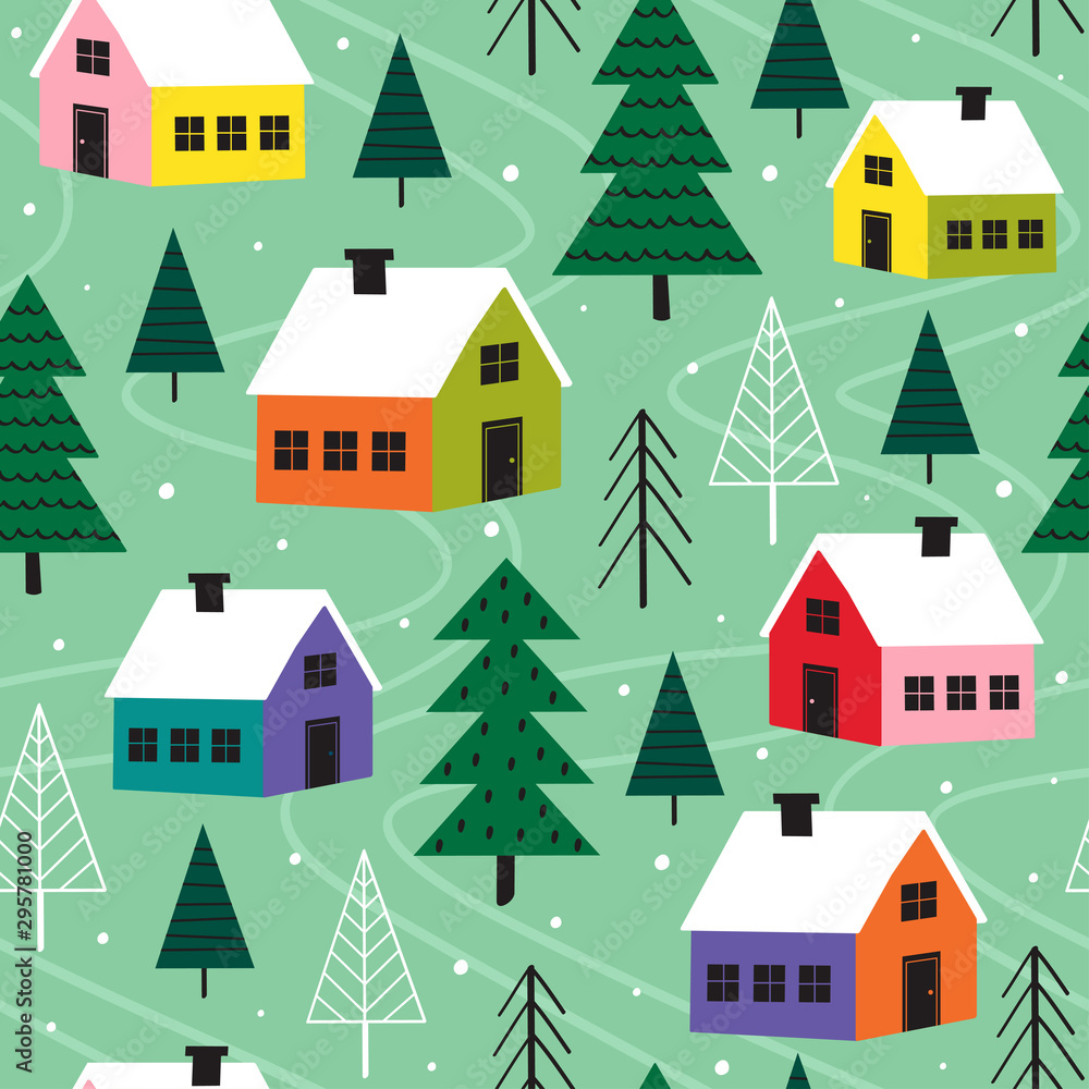 seamless pattern with colorful houses in winter time  - vector illustration, eps    