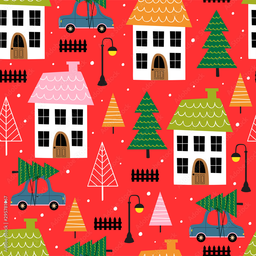 seamless pattern with small town in winter time - vector illustration, eps seamless pattern with small town in winter time - vector illustration, eps