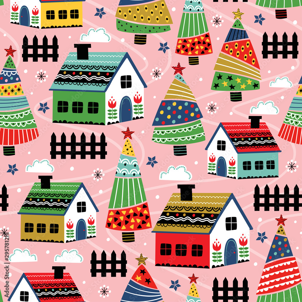 seamless pattern with decorative house and christmas trees   - vector illustration, eps    