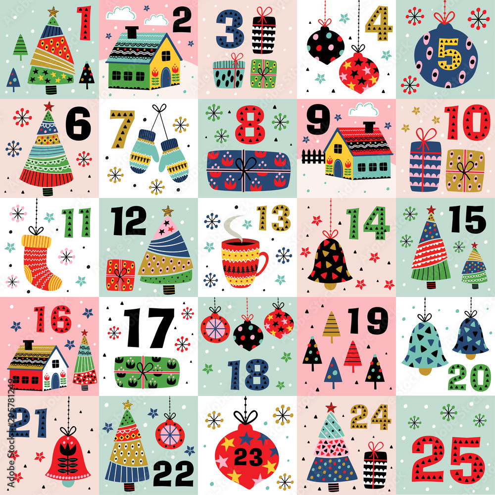 Fototapeta advent calendar with christmas decorations christmas trees and houses - vector illustration, eps