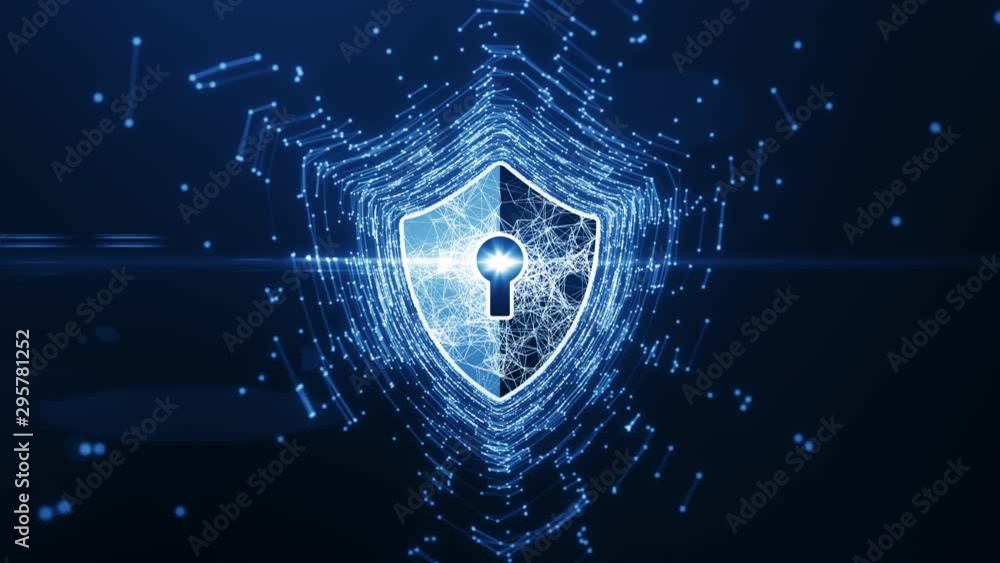 Cyber security concept. Shield With Keyhole icon on digital data background. Illustrates cyber data security or information privacy idea. Blue abstract hi speed internet technology.