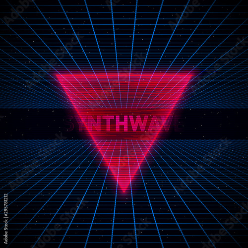 Retrofuturistic red hologram reiangle, HUD element on dark starry space background with blue laser grids.