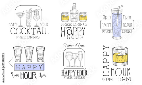 Happy Hour Free Drinks Hand Drawn Retro Labels Set, Cocktails Monochrome Badges Vector Illustration