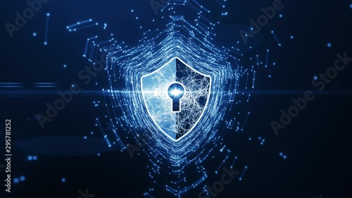 Cyber security concept. Shield With Keyhole icon on digital data background. Illustrates cyber data security or information privacy idea. Blue abstract hi speed internet technology.