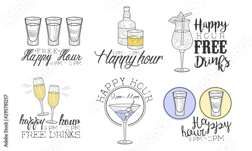 Happy Hour Hand Drawn Retro Labels Set, Free Drinks Monochrome Badges Vector Illustration