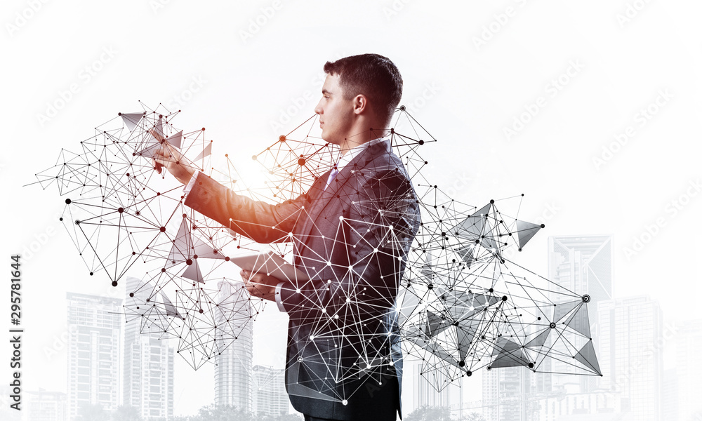 Obraz premium Business person pointing on abstract network