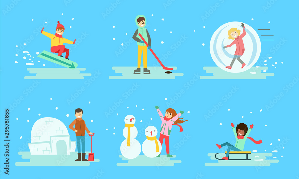 Winter Activities Set, People Snowboarding, Playing Hockey, Building Icy Igloo, Making Snowman, Sledding Vector Illustration