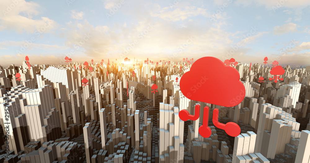 Cloud Computing Flying All Over The Crowded City Aerial. Technology And ...
