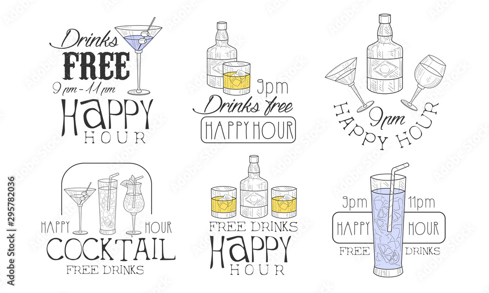 Drinks Free Hand Drawn Retro Labels Set, Happy Hour Monochrome Badges Vector Illustration